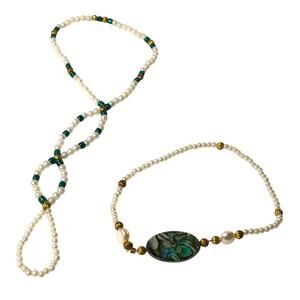 Set Womens Anklet Toe Ring Beaded Handmade White Green Shell Nautical